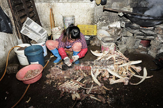 2月22日，黎托乡花桥村一牛肉屠宰作坊，女员工在地上处理牛骨头。