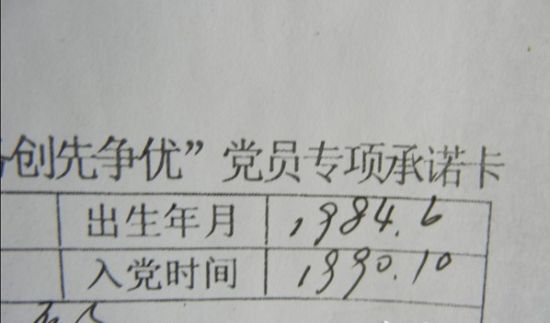 党员专项承诺卡中，出生年月和入党时间分别填写为1984年6月和1990年10月。