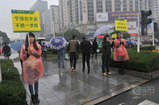 11月9日，株洲长江广场的十字路口的红路灯处美女雨中举牌劝酒驾