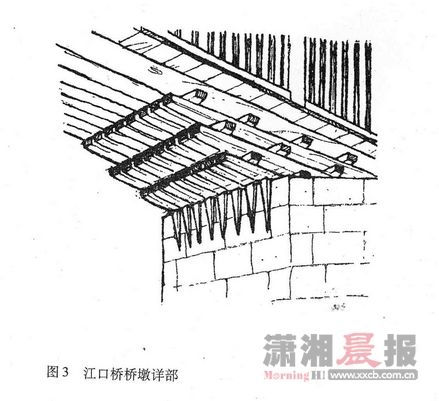 　刘敦桢《中国之廊桥》中手绘的新宁江口桥构造图，“大梁为天然圆木，上粗下削，故以下段与上段颠倒搭配，依次骈比，几无空隙”。 